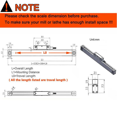 Diagram of Two Axis Digital Readout DRO for Milling and Lathe Machines showing scale dimensions and mounting specs.