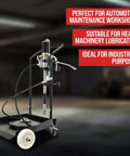 50 to 1 Ratio Air Operated Grease Pump Kit for 5 Gallon Bucket With Trolley Mounted Setup shown in an industrial setting
