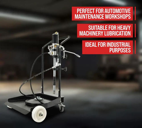 50 to 1 Ratio Air Operated Grease Pump Kit for 5 Gallon Bucket With Trolley Mounted Setup shown in an industrial setting
