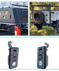 Two-pack compression latches for RV cabinet doors with keys; black plastic, metal mounting screws, shown on an RV and as close-ups.