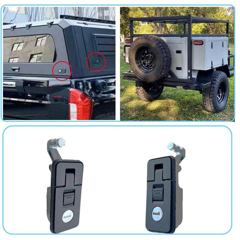 Two-pack compression latches for RV cabinet doors with keys; black plastic, metal mounting screws, shown on an RV and as close-ups.