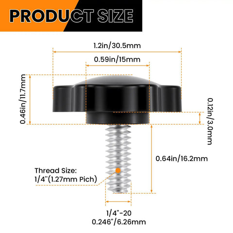 Product size illustration of Slick Black Star Hand Knobs 4 Pack featuring 1/4 20 Thread dimensions and ergonomic design.