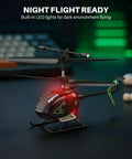 Palm Sized Mini RC Helicopter With Gyro Stabilizer And Altitude Hold for indoor night flight, LED lights on, desk background.