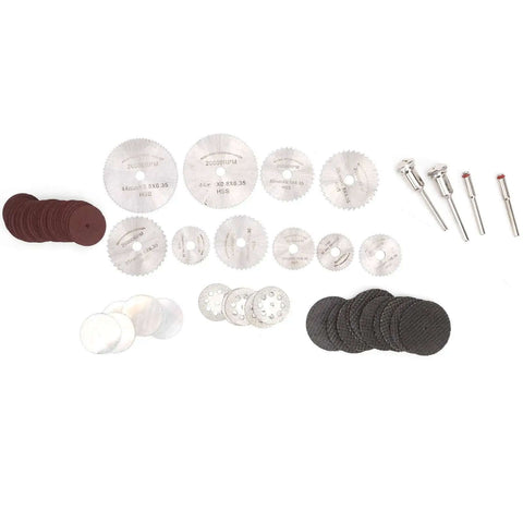 65 Piece Cutting Wheel Set For Glass Tile Metal With HSS Resin Cutters Pro Grade 8 Hole Discs assorted sizes and types.