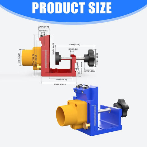 Product size illustration of Plug And Play Pocket Hole Jig Drill Guide Fixture For Cabinet Assembly And Shelf Install With No Hassle Aluminum Body.
