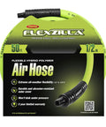 Half Inch By Fifty Foot Hybrid Air Hose With Three Eighths Inch MNPT Fittings on a retail packaging showing key features