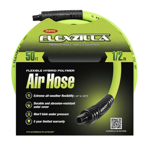 Half Inch By Fifty Foot Hybrid Air Hose With Three Eighths Inch MNPT Fittings on a retail packaging showing key features
