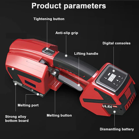 Hustle Ready Cordless Strapping Machine Auto Weld And Cut Handheld Bander top view showing features and controls, including grip and digital console.