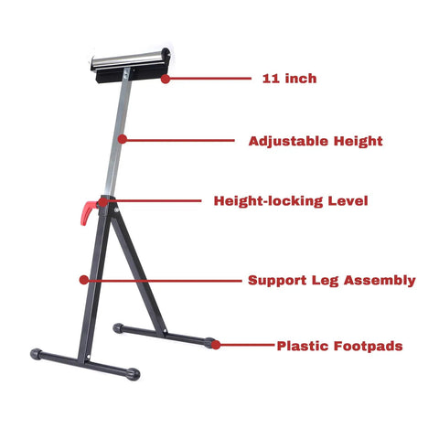 Heavy Duty Adjustable Roller Stand 2 Pack Folding Steel Work Support measuring 11 inch with adjustable height and plastic footpads.