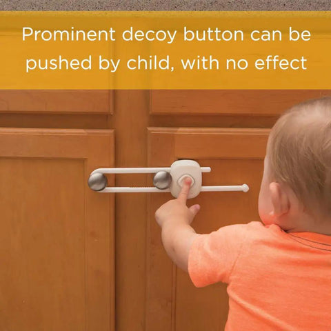 Child attempting to open cabinet with OutSmart Slide Lock Four Pack Kidproof Cabinet And Drawer Latches Easy One Hand Operation No Drilling Required Hidden Button Design White Pack Of 4 For Safer Home
