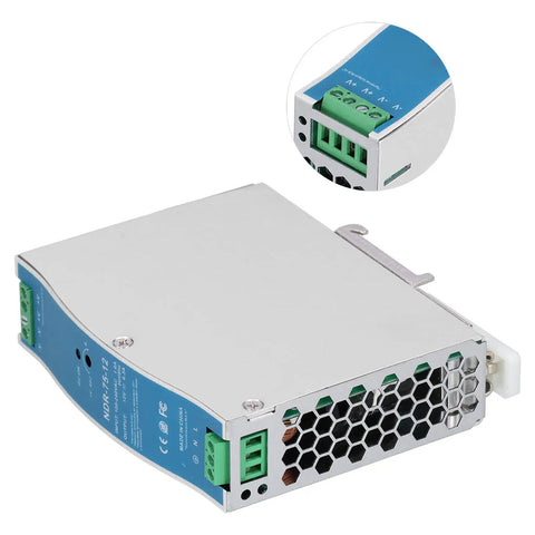 Rock Solid Rail Power Supply With Copper Transformer And Stable Voltage Adjustment For Efficient Reliable Use From AC 100 To 240V In Industrial Settings Such As Control Panels Automation And Test Benches. Compact metal rail power supply with green terminal block and honeycomb vent.