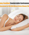 DL1056 direct-drive blower motor replacement concept; woman sleeping on white bed with pillow