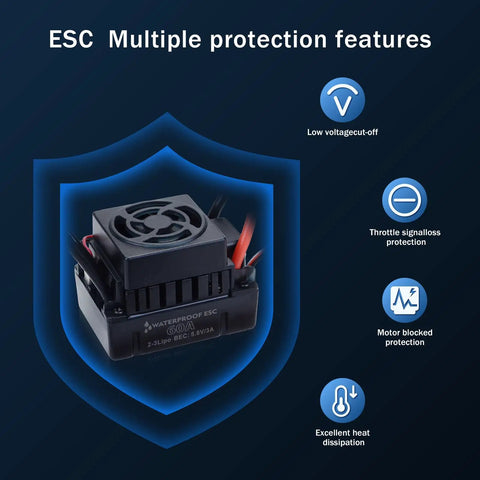 Beefed Up 2600KV Brushless Motor And 60A ESC Combo for One Tenth Scale RC Cars, ESC with multiple protection features
