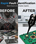 Pro Grade Inductance Tester For PCBs And Coils Grab And Go Portable High Sensitivity Fault Detector with LED shown beside PCB