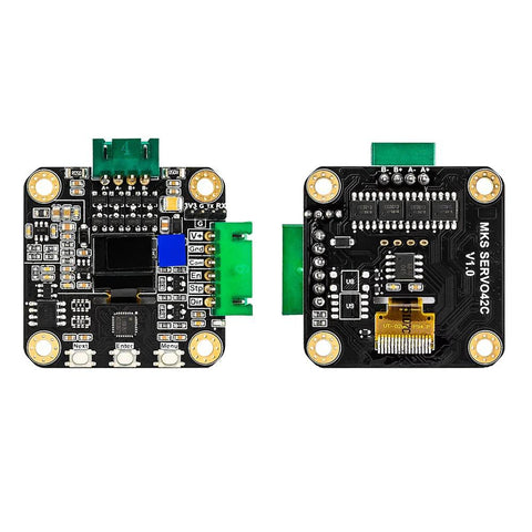MKS SERVO42C NEMA17 closed-loop stepper driver boards – front and back views, black PCBs with green connectors.