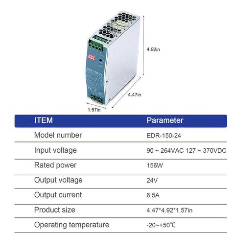 Hard As Nails 150W 24V Din Rail Power Supply with dimensions 4.47" x 4.92" x 1.57" for industrial setups.