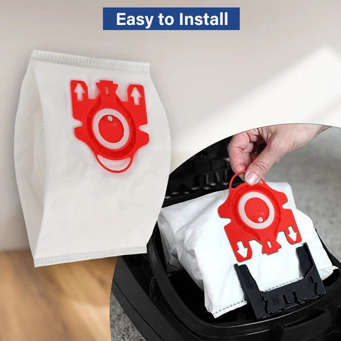 14 Packs 3D Airclean Replacement Bags For FJM Vacuum Cleaners being installed, showing a red filter attachment.