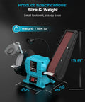 Beefed Up 2X27 Belt Sanding Station Combined With A 6 Inch Grinding Wheel, compact dimensions, 11.64 lb weight, ideal for metalwork and woodworking.