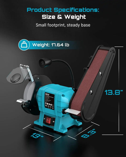 Beefed Up 2X27 Belt Sanding Station Combined With A 6 Inch Grinding Wheel, compact dimensions, 11.64 lb weight, ideal for metalwork and woodworking.