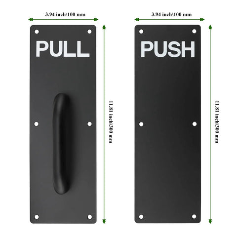 Stainless Steel Door Handles Set, 4 Pack, 12x4 Inches, Black Finish, Pull And Push Plates With 24 Screws, Commercial Grade Handles For Office, Home, And Retail Doors. Black pull and push plates, 4x12x4 in, 201 stainless steel.