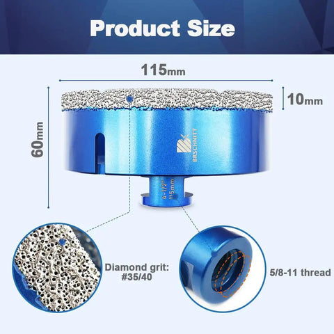 115mm Vacuum Brazed Diamond Core Drill Bit For Porcelain Tile Ceramic Marble Granite Dry Drilling with product dimensions