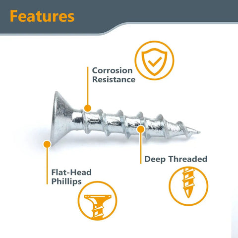 Size Six By Half Inch Wood Screws, 100 Pack, Zinc-Plated Self-Tapping Flat Head Phillips Screws With Deep Threads For Crafts, Wood, Drywall And T Track displayed with highlighted features: corrosion resistance, deep threaded, flat-head Phillips.