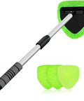 Front view: XINDELL windshield cleaning tool with long aluminum handle and bright green microfiber pad; includes 4 pads.