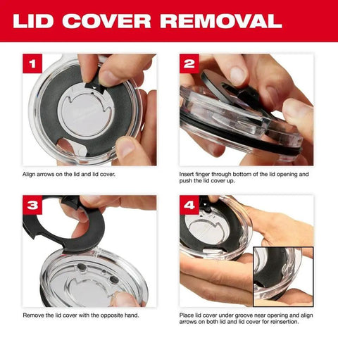 Step-by-step lid cover removal instructions for Packout Insulated Tumbler 890 Ml Black With Two Wall Vacuum Insulation.