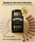 No Sweat Heavy Duty Coin Counter And Auto Wrapper Machine With Rapid 312 Coins Per Minute Pace And Roomy 400 Coin Hopper featuring 8 coin tubes and 40 wrapper rolls.
