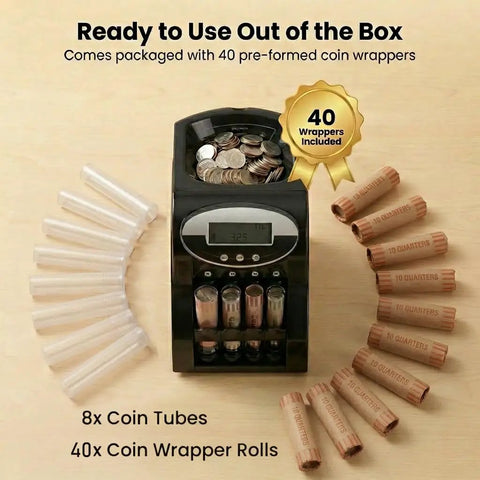 No Sweat Heavy Duty Coin Counter And Auto Wrapper Machine With Rapid 312 Coins Per Minute Pace And Roomy 400 Coin Hopper featuring 8 coin tubes and 40 wrapper rolls.