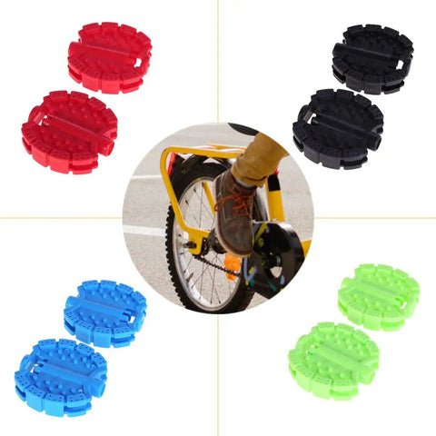 Kids Bicycle Pedals 1 Pair Non Slip Replacement For Kids Bikes And Trikes Easy Install Durable Grippy Safe Grip In Five Color Options Red Blue Green Black Pink Yellow, showing colorful pedals and cycling action.