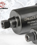 Close-up of Universal Micro Inline Electric Fuel Pump 12V Low Pressure Five Sixteenths Inch Fittings, showing flow direction