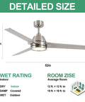 52-Inch Brushed Nickel Ceiling Fan With Remote Control And Dimmable LED Light, 3 Blades, Detailed Size and Room Fits