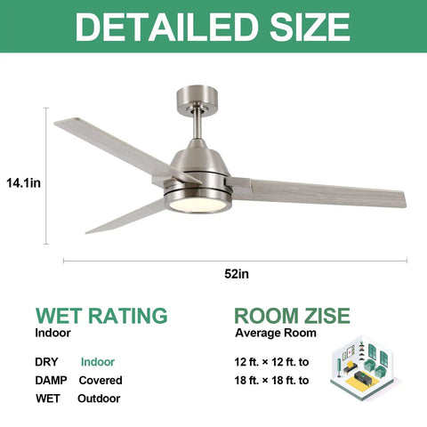 52-Inch Brushed Nickel Ceiling Fan With Remote Control And Dimmable LED Light, 3 Blades, Detailed Size and Room Fits