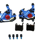 Blue X-TECH HB-100 hydraulic disc brake calipers pair with red adjustment dials, mounting hardware and pads