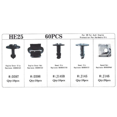 60 Piece Engine Undertray Clips Kit For Audi And VW, showing metal and plastic clips, dowel pins, and speed nut for car protection