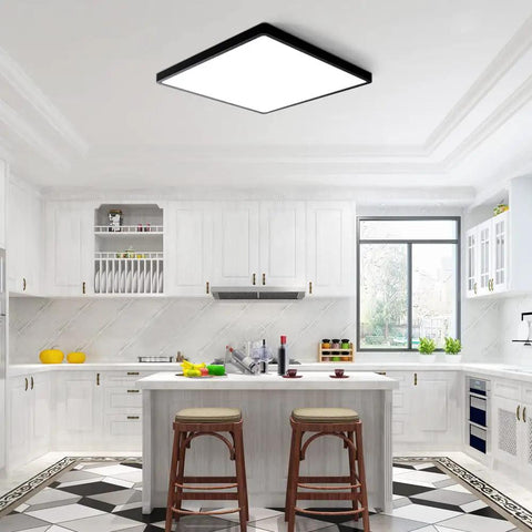 12 Inch 24W LED Ceiling Light Flush Mount Black Square Low Profile Fixture 5000K Daylight White 3200 Lumens in modern kitchen