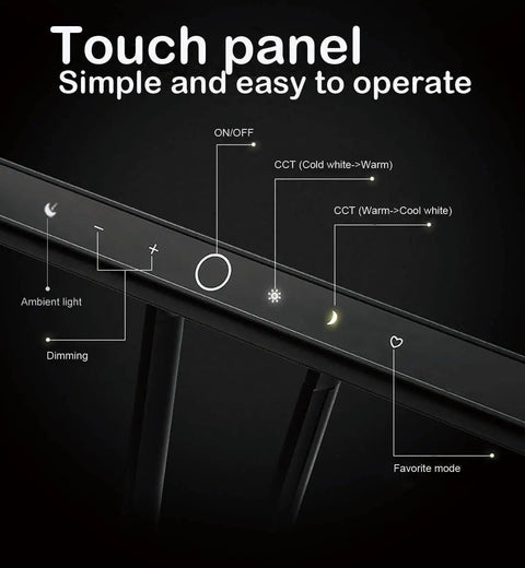 Touch panel controls for Led Piano Light For Upright Pianos With Ambient Mood Lighting, Eye Care Mode, showing dimming and color options.