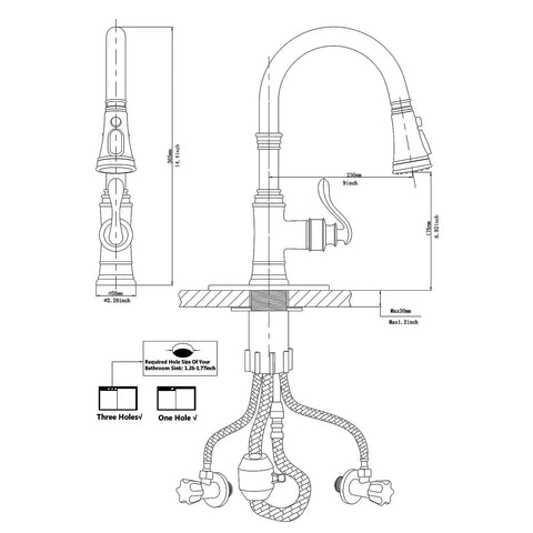 Technical diagram of Oil Rubbed Bronze Kitchen Faucet With High Arc Gooseneck Pull Down Sprayer 3 Function Spray Head Single Handle