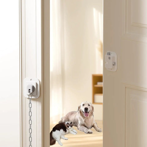 Adjustable Cat Door Stopper That Holds Entryways Wide While Keeping Pups Out Zero Drill Setup in a doorway with a chain and pets.