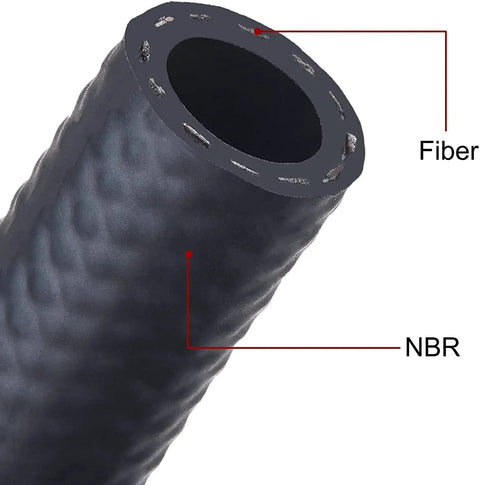 Close-up of 5/16 inch ID fuel line with labeled fiber and NBR layers, part of 12V Electric Fuel Pump Kit Universal For Carburetor Engines.