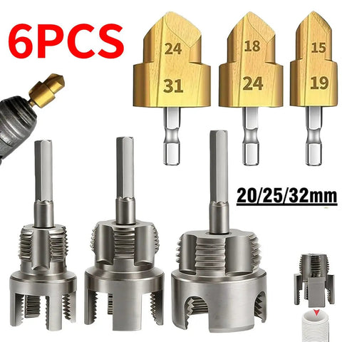 Essential 6 Piece Pipe Threader Kit With 3 Step Drill Bits For Professional NPT Threading And Drilling On PVC Plastic Pipes Perfect For Serious Home Reno Repairs And Plumbing Projects You Wont Be Stuck Without This Heavy Duty Manual Tool Set 20/25/32mm threader dies