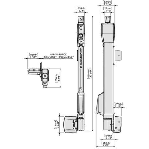 Straight Up Tough Top Pull Pool Safety Gate Latch With Audible Alarm Feature Keeps Kiddos Secure While Giving Homeowners Zero Hassle Installation And Weatherproof Year Round Guarding Black dimensions illustration.