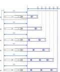 Diagram of push to open drawer slides with side mount runners full extension sizes 10 to 20 inches, showing dimensions.