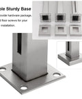 Built Different Stainless Steel Glass Railing Posts With Square Tube Design And Adjustable Heights For Indoor Hallways Outdoor Decks Pool Areas And Stairs Featuring A Rust Proof Brushed Finish, stable base and hardware.