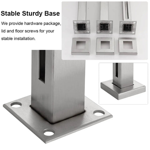 Built Different Stainless Steel Glass Railing Posts With Square Tube Design And Adjustable Heights For Indoor Hallways Outdoor Decks Pool Areas And Stairs Featuring A Rust Proof Brushed Finish, stable base and hardware.