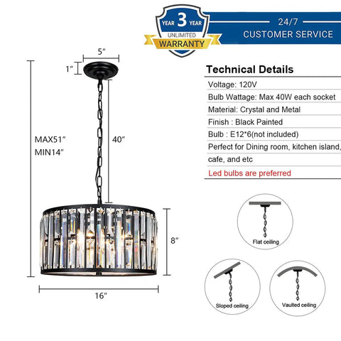 Crystal Drum Chandelier For Dining Room And Kitchen Island, Dope Modern 6-Light Ceiling Fixture With K9 Crystal And Diamond-Style Acrylic