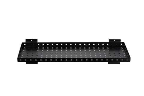 Front view of black Heavy Duty Slatwall Shelf 24 Inch For Retail, Garage, And Home Storage, Slat Wall Hanging Shelf With Strong Support Frame