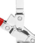 Long Arm Vertical Crimping Tool And Toggle Clamp Fixture For Woodworking And Metalworking, Fast Action Clamp With Portable Inspecting Jig, Rugged Durable Clamp For Welding Molding And Equipment Installations close-up, steel with red handle