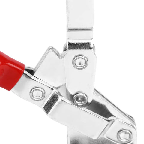 Long Arm Vertical Crimping Tool And Toggle Clamp Fixture For Woodworking And Metalworking, Fast Action Clamp With Portable Inspecting Jig, Rugged Durable Clamp For Welding Molding And Equipment Installations close-up, steel with red handle